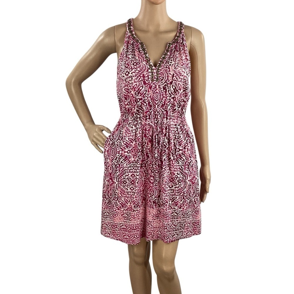 Lucky Brand Embellished Pink Print Sleeveless Mini Dress XS